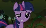 Size: 986x605 | Tagged: safe, screencap, twilight sparkle, pony, unicorn, feeling pinkie keen, everfree forest, female, forest, grin, looking at you, mare, raised eyebrow, smiling, smug, solo, tree