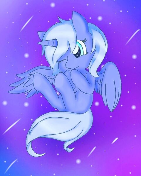 Size: 675x844 | Tagged: safe, artist:aleuoliver, princess luna, alicorn, pony, female, flying, horn, mare, night, one eye closed, s1 luna, solo, stars, wings, wink