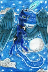 Size: 1095x1638 | Tagged: safe, artist:armorwing, princess luna, alicorn, pony, cloud, female, flying, full moon, glowing horn, hoof shoes, horn, jewelry, mare, moon, night, solo, stars, tiara, traditional art