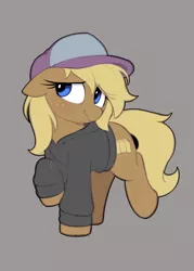 Size: 1116x1560 | Tagged: safe, artist:shinodage, oc, oc:hay bale, unofficial characters only, earth pony, pony, cap, clothes, drawthread, ear down, freckles, gray background, hat, hoodie, simple background, solo