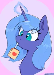 Size: 2045x2832 | Tagged: safe, artist:endo, princess luna, pony, unicorn, bust, drink, drinking, happy, juice, juice box, magic, portrait, s1 luna, simple background, solo