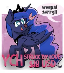 Size: 637x720 | Tagged: safe, artist:cadetredshirt, princess luna, alicorn, pony, accident, adorable face, adorkable, arrow, commission, cute, dork, heart eyes, holiday, love, lunabetes, missing accessory, offscreen character, solo, valentine, valentine's day, wingding eyes, ych example, your character here