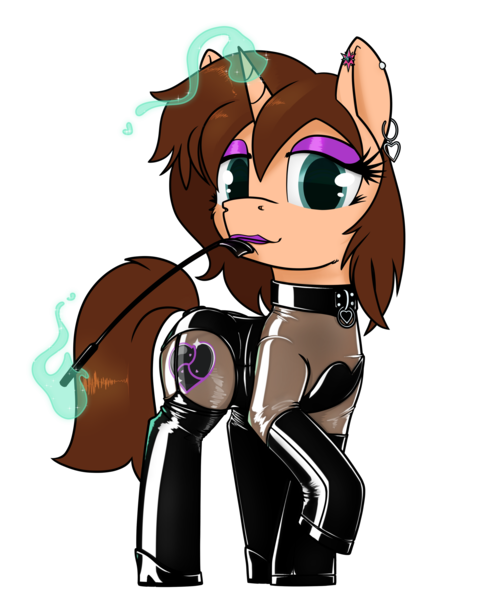 Size: 2720x3280 | Tagged: suggestive, artist:dacaoo, oc, oc:chloe adore, unofficial characters only, pony, unicorn, bedroom eyes, boots, catsuit, clothes, collar, gloves, latex, leotard, magic, magic aura, piercing, riding crop, see-through, shoes, skintight clothes, solo, whip