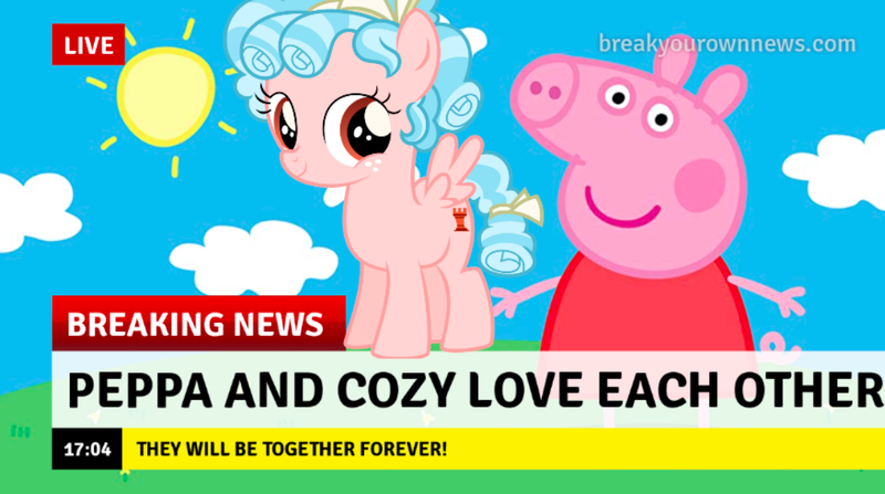 Size: 1093x611 | Tagged: safe, cozy glow, pegasus, pig, pony, break your own news, breaking news, duo, duo female, female, filly, love, peppa pig, png