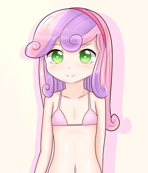 Size: 1024x1200 | Tagged: suggestive, artist:shouyu musume, banned from derpibooru, edit, sweetie belle, human, belly button, bikini, bikini edit, breasts, clothes, cute, delicious flat chest, female, green eyes, humanized, image, lolicon, looking at you, midriff, png, simple background, solo, swimsuit, swimsuit edit, underage, white background