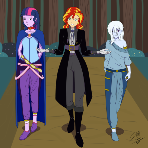 Size: 1280x1280 | Tagged: safe, artist:deltalima, sci-twi, sunset shimmer, trixie, twilight sparkle, human, equestria girls, clothes, costume, female, forest, forest background, halloween, halloween costume, holiday, humanized, image, lesbian, png, shipping, smiling, sunset gets all the mares, suntrix, threesome, tree, two toned mane, white hair