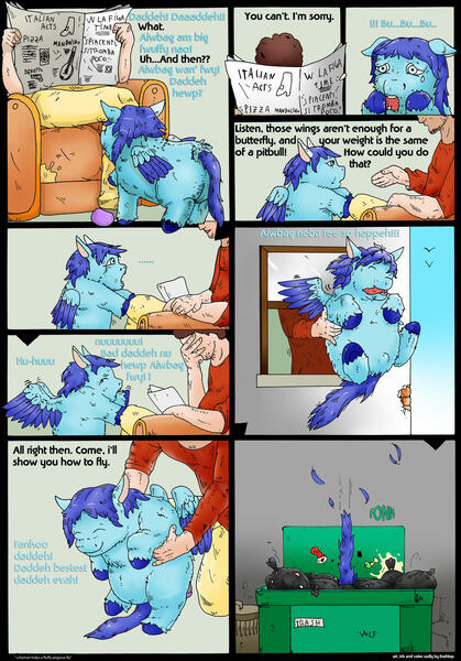 Size: 1024x1468 | Tagged: questionable, semi-grimdark, artist:darklop, fluffy pony, human, pegasus, abuse, begging, blue hair, chair, comic, falling, fat, female, idiot, image, jpeg, newspaper, overweight, small wings, smarty, spoiled, temper tantrum, trash, window, wings, you asked for it