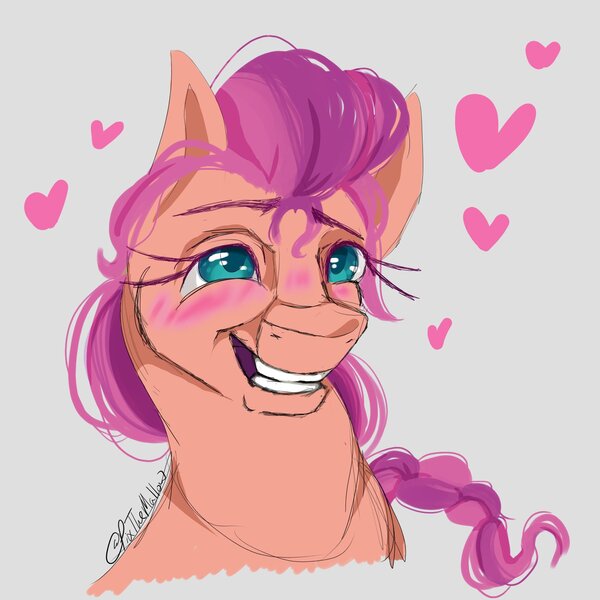 Size: 1575x1575 | Tagged: safe, artist:pixthemallow, derpibooru import, sunny starscout, earth pony, pony, blushing, braid, bust, eyelashes, female, g5, grin, heart, image, jpeg, mare, portrait, simple background, smiling, solo, teeth