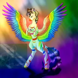 Size: 5800x5800 | Tagged: safe, artist:florarena-kitasatina/dragonborne fox, derpibooru import, oc, unofficial characters only, zebra, absurd resolution, cel shading, colored wings, hybrid oc, image, mohawk, multicolored wings, png, rainbow, rainbow stripes, rainbow wings, redraw, shading, signature, spread wings, watermark, wings