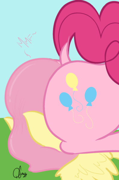 Size: 1027x1558 | Tagged: suggestive, artist:quarantinedchaoz, derpibooru import, edit, editor:rozyfly10, fluttershy, pinkie pie, earth pony, pegasus, pony, faceful of ass, facesitting, female, femdom, flutterpie, flutterseat, grass, image, lesbian, lucky girl, mare, pinkiedom, png, shipping, signature, sky