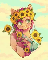 Size: 1097x1365 | Tagged: safe, artist:verymelancollie, derpibooru import, sunny starscout, earth pony, pony, badge, bag, blushing, bust, cloud, cute, female, flower, flower in hair, g5, image, jpeg, mare, sky, smiling, solo, sunflower, sunnybetes, unshorn fetlocks