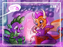 Size: 2000x1500 | Tagged: safe, artist:underdog234, derpibooru import, smolder, spike, dragon, christmas, clothes, cute, fangs, female, gift giving, happy, hearth's warming eve, holiday, image, implied twilight sparkle, male, pajamas, png, smiling, smolderbetes, spikabetes, winged spike
