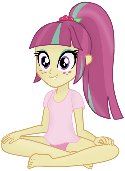 Size: 3060x4169 | Tagged: suggestive, artist:grapefruit-face, derpibooru import, sour sweet, equestria girls, barefoot, bottomless, clothes, crossed legs, feet, image, panties, partial nudity, pink panties, png, shirt, simple background, sitting, smiling, solo, t-shirt, transparent background, underwear, vector