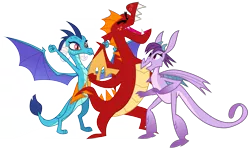 Size: 4741x2842 | Tagged: safe, alternate version, artist:dutchcrafter, artist:melisareb, artist:suramii, derpibooru import, edit, garble, princess ember, prominence, dragon, shadow play, triple threat, absurd resolution, background dragon, cute, dominant, dragoness, emble, eyes closed, female, garbinence, harem, image, inkscape, looking up, male, open mouth, png, polyamory, promibetes, proud, shipping, simple background, smiling, straight, .svg available, teenaged dragon, teeth, transparent background, trio, vector