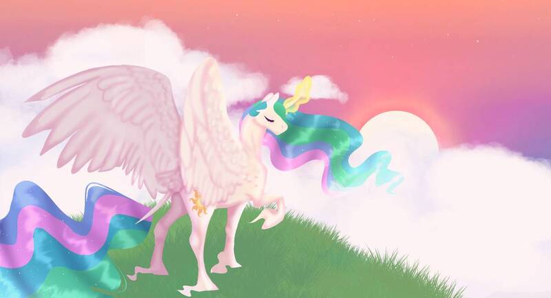 Size: 1201x650 | Tagged: safe, artist:softiesuns, derpibooru import, princess celestia, alicorn, pony, curved horn, eyes closed, facing away, female, glowing horn, hoof fluff, horn, image, jpeg, large wings, leonine tail, long feather, mare, raised hoof, solo, sunrise, wings