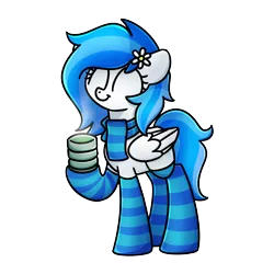 Size: 1240x1240 | Tagged: safe, artist:sugar morning, derpibooru import, oc, oc:winter white, pony, clothes, green tea, image, png, raised hoof, scarf, simple background, smiling, socks, solo, striped socks, transparent background
