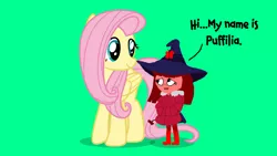 Size: 1920x1080 | Tagged: safe, artist:ianpony98, derpibooru import, fluttershy, oc, oc:puffilia, butterfly, human, insect, boots, clothes, coat, crossover, hat, human and pony, image, interaction, oc and canon, png, red skin, shoes, witch, witch hat