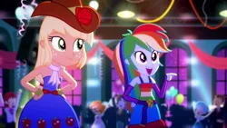 Size: 1280x720 | Tagged: safe, derpibooru import, screencap, applejack, rainbow dash, scribble dee, eqg summertime shorts, equestria girls, raise this roof, bare shoulders, belt, clothes, cowboy hat, cutie mark, cutie mark on clothes, duo, duo female, duo focus, fall formal outfits, female, hand on back, hands on hip, hat, image, open mouth, png, sleeveless, smiling, strapless