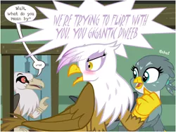 Size: 800x600 | Tagged: safe, artist:flash equestria photography, derpibooru import, gabby, gilda, oc, oc:grimm tales, gryphon, angry, blushing, dweeb, image, landlord, laughing, oblivious, png