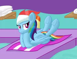 Size: 1907x1479 | Tagged: safe, artist:notadeliciouspotato, derpibooru import, rainbow dash, pegasus, pony, bedroom eyes, female, hoof on chin, image, legs in air, looking at you, lying down, mare, png, prone, solo, spa pony rainbow dash, towel, wings