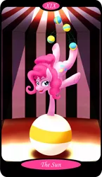 Size: 1500x2591 | Tagged: safe, artist:sixes&sevens, derpibooru import, part of a set, pinkie pie, earth pony, balancing, ball, circus tent, female, handstand, image, juggling, major arcana, png, solo, spotlight, tarot card, the sun, upside down