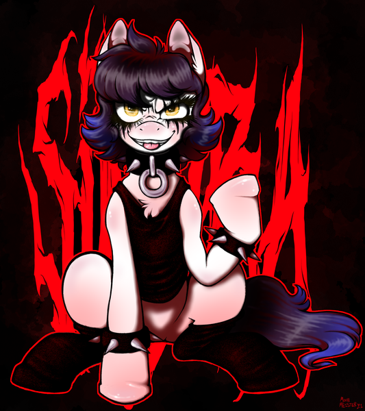 Size: 1720x1936 | Tagged: safe, artist:moon meister, derpibooru import, oc, oc:sindra, earth pony, clothes, collar, corpse paint, image, metal, png, solo, spiked collar, tanktop