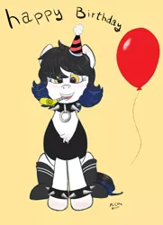 Size: 2500x3456 | Tagged: safe, artist:mrcelroy, derpibooru import, oc, oc:sindra, balloon, bracelet, clothes, collar, hat, image, party hat, png, socks, solo, spiked collar, spiked wristband, wristband