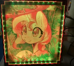 Size: 1024x908 | Tagged: safe, artist:themisto97, derpibooru import, sunset shimmer, pony, unicorn, acrylic plastic, acrylight, background pony, bust, craft, cute, daaaaaaaaaaaw, engraving, female, image, jewelry, jpeg, jungle, lasercut, led, mare, multicolored, necklace, nightlight, photo, plushie, portrait, shimmerbetes, smiling, solo, sweet dreams fuel