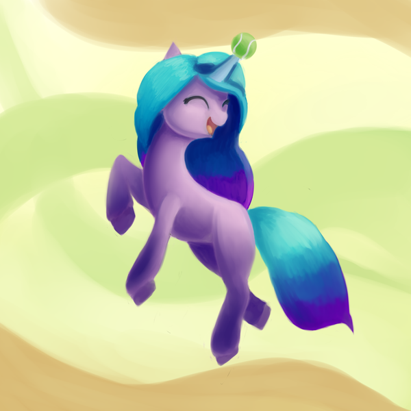 Size: 1600x1600 | Tagged: safe, artist:srbolsa, artist:srbolsa6, derpibooru import, izzy moonbow, pony, unicorn, abstract background, ball, eyes closed, female, g5, horn, horn guard, horn impalement, hornball, image, izzy's tennis ball, mare, open mouth, png, raised hoof, tennis ball, unshorn fetlocks