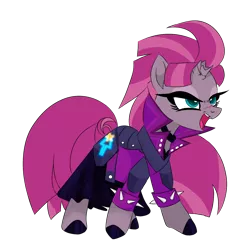 Size: 1386x1366 | Tagged: safe, artist:greensdc, derpibooru import, oc, oc:terara, unofficial characters only, pony, unicorn, armor, broken horn, choker, clothes, corset, female, horn, image, jacket, leather jacket, mare, open mouth, png, scar, simple background, skirt, solo, transparent background, unshorn fetlocks