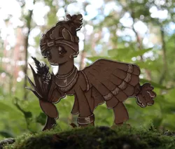 Size: 1024x874 | Tagged: safe, artist:themisto97, derpibooru import, meadowbrook, earth pony, pony, acrylic plastic, bangles, clothes, craft, dress, engraving, female, flower, forest, forest background, headband, image, jewelry, jpeg, lasercut, mare, meadowcute, necklace, photo, smiling, solo, tree, wood