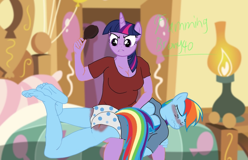 Size: 3928x2540 | Tagged: suggestive, derpibooru import, rainbow dash, twilight sparkle, anthro, pegasus, plantigrade anthro, pony, unicorn, 1000 hours in ms paint, adorable distress, angry, bedroom, blushing, brush, clothes, crying, cute, eyes closed, feet, feet in air, hairbrush, image, jpeg, over the knee, panties, punishment, sexy, spank mark, spanked, spanking, teeth, underwear, upset