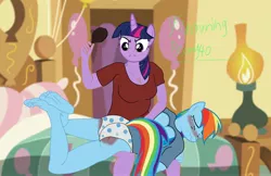 Size: 3928x2540 | Tagged: suggestive, derpibooru import, rainbow dash, twilight sparkle, anthro, pegasus, plantigrade anthro, pony, unicorn, 1000 hours in ms paint, adorable distress, angry, bedroom, blushing, brush, clothes, crying, cute, eyes closed, feet, feet in air, hairbrush, image, jpeg, over the knee, panties, punishment, sexy, spank mark, spanked, spanking, teeth, underwear, upset