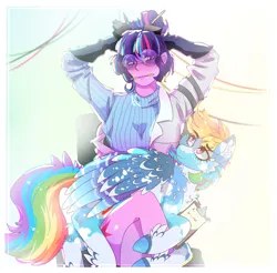 Size: 2010x1980 | Tagged: safe, artist:aaa-its-spook, derpibooru import, rainbow dash, twilight sparkle, human, pegasus, pony, equestria girls, abstract background, alternate hairstyle, arm behind head, blaze (coat marking), breasts, chest fluff, clipboard, clothes, cutie mark, cutie mark on equestria girl, cutie mark on human, ear fluff, female, fluffy, glasses, gloves, goggles, hoof fluff, image, lab coat, latex, latex gloves, lesbian, looking at each other, mare, neck fluff, pencil, png, round glasses, shipping, sitting, sitting on lap, twidash, wing fluff, wings