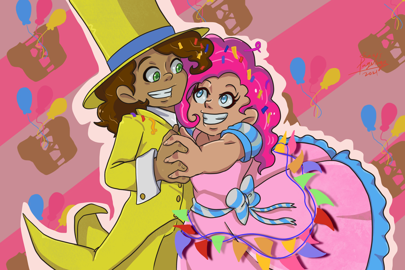 Size: 1772x1181 | Tagged: safe, derpibooru import, cheese sandwich, pinkie pie, human, pony, cheesepie, dancing, fanart, female, humanized, image, male, my little pony, png, shipping, straight