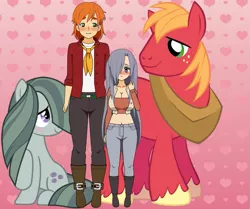 Size: 863x720 | Tagged: safe, artist:roseprincessmitia, derpibooru import, big macintosh, marble pie, earth pony, human, pony, ascot, belly button, blushing, boots, breasts, busty marble pie, cleavage, clothes, female, freckles, hair over one eye, heart, height difference, humanized, image, jacket, kisekae, long sleeves, male, marblemac, midriff, pants, png, shipping, shirt, shoes, straight