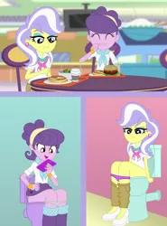 Size: 1550x2100 | Tagged: suggestive, alternate version, artist:lightning_musicwave, derpibooru import, suri polomare, upper crust, equestria girls, bracelet, burger, but why, canterlot mall, clothes, coffee, constipated, cute, ear piercing, earring, eating, eyes closed, food, fork, image, jewelry, juice, necklace, pancakes, panties, panties pulled down, phone, piercing, png, salad, sitting on toilet, suribetes, toilet, underwear