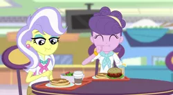Size: 1550x850 | Tagged: safe, alternate version, artist:lightning_musicwave, derpibooru import, suri polomare, upper crust, equestria girls, bracelet, burger, canterlot mall, clothes, coffee, cute, ear piercing, earring, eating, eyes closed, food, fork, image, jewelry, juice, necklace, pancakes, piercing, png, salad, suribetes