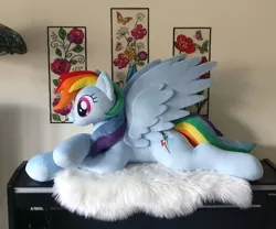 Size: 764x636 | Tagged: safe, artist:purplenebulastudios, derpibooru import, rainbow dash, pony, image, irl, jpeg, lying down, photo, plushie, prone, solo