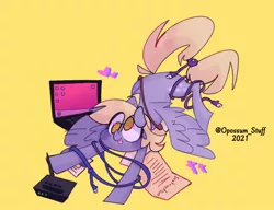 Size: 1408x1080 | Tagged: safe, artist:opossum-stuff, derpibooru import, derpy hooves, pegasus, pony, cable, computer, image, jpeg, laptop computer, modem, router, solo, spread wings, tongue out, wings