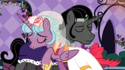 Size: 1920x1080 | Tagged: safe, artist:luna.queex, derpibooru import, edit, edited screencap, idw, screencap, king sombra, radiant hope, alicorn, pony, unicorn, a canterlot wedding, alicornified, clothes, dress, eyelashes, eyes closed, female, flower, flower in hair, good king sombra, grin, hoof shoes, hopebra, hopecorn, horn, image, indoors, male, mare, peytral, png, race swap, raised hoof, shipping, smiling, stallion, straight, wedding dress, wings