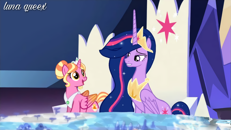 Size: 1920x1080 | Tagged: safe, artist:luna.queex, derpibooru import, edit, edited screencap, screencap, luster dawn, princess twilight 2.0, twilight sparkle, twilight sparkle (alicorn), alicorn, pony, the last problem, alicornified, cutie map, ethereal mane, eyelashes, female, friendship throne, horn, image, indoors, jewelry, lustercorn, mare, older, older twilight, open mouth, peytral, png, race swap, signature, sitting, smiling, starry mane, tiara, wings