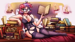Size: 2880x1620 | Tagged: suggestive, artist:king-kakapo, derpibooru import, part of a set, moondancer, human, black underwear, book, breasts, candle, chest, cleavage, clothes, commission, garters, glasses, humanized, image, jewelry, levitation, lingerie, looking at you, lying down, magic, necklace, open mouth, panties, paper, png, ribbon, scroll, socks, stockings, telekinesis, thigh highs, underwear