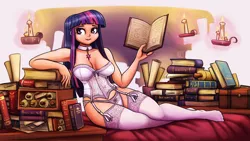 Size: 2880x1620 | Tagged: suggestive, artist:king-kakapo, derpibooru import, part of a set, twilight sparkle, human, book, breasts, candle, chest, choker, cleavage, clothes, commission, corset, garters, humanized, image, levitation, lingerie, looking at you, lying down, magic, panties, paper, png, ribbon, scroll, smiling, socks, stockings, telekinesis, thigh highs, underwear, white underwear