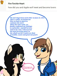 Size: 1200x1600 | Tagged: safe, artist:amgiwolf, derpibooru import, oc, oc:amgi, oc:applewolf, unofficial characters only, earth pony, pony, ask, blushing, clothes, dialogue, duo, earth pony oc, female, image, male, mare, open mouth, png, smiling, stallion