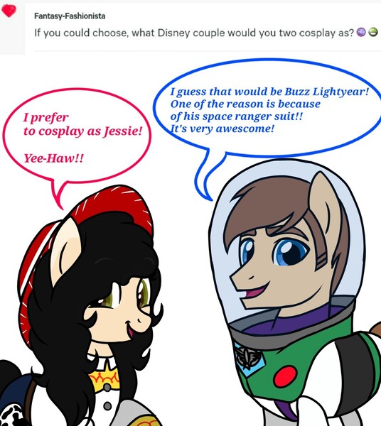 Size: 1200x1344 | Tagged: safe, artist:amgiwolf, derpibooru import, oc, oc:amgi, oc:applewolf, unofficial characters only, earth pony, pony, ask, buzz lightyear, clothes, cosplay, costume, dialogue, duo, earth pony oc, female, hat, image, jpeg, male, mare, open mouth, smiling, stallion, toy story, woody