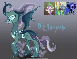 Size: 2185x1668 | Tagged: safe, artist:caramelbolt24, derpibooru import, nightmare moon, spike, thorax, oc, oc:dragonfly, alicorn, changedling, changeling, dragon, hybrid, pony, cloven hooves, crack ship offspring, curved horn, female, horn, image, interspecies offspring, jpeg, king thorax, magical threesome spawn, male, mare, multiple parents, offspring, parent:nightmare moon, parent:spike, parent:thorax, screencap reference, signature, winged spike