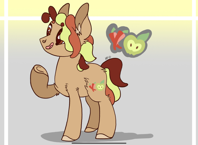 Size: 2278x1668 | Tagged: safe, artist:caramelbolt24, derpibooru import, oc, unofficial characters only, earth pony, pony, abstract background, colored hooves, ear fluff, earth pony oc, image, jpeg, magical lesbian spawn, male, offspring, open mouth, parent:applejack, parent:pinkie pie, parents:applepie, raised hoof, signature, solo, stallion