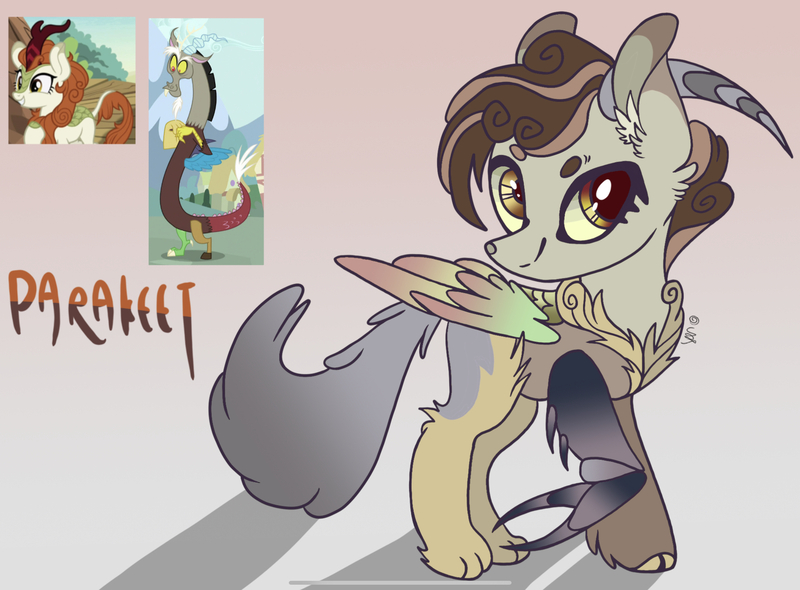 Size: 2263x1668 | Tagged: safe, artist:caramelbolt24, derpibooru import, autumn blaze, discord, oc, oc:parakeet, draconequus, kirin, pony, abstract background, crack ship offspring, draconequus oc, ear fluff, female, heterochromia, horns, image, interspecies offspring, jpeg, male, offspring, parent:autumn blaze, parent:discord, screencap reference, signature, smiling, wings