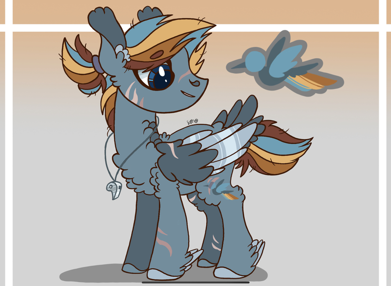 Size: 2284x1668 | Tagged: safe, artist:caramelbolt24, derpibooru import, oc, unofficial characters only, pegasus, pony, abstract background, chest fluff, colored hooves, ear fluff, feathered fetlocks, image, jewelry, jpeg, magical lesbian spawn, male, necklace, offspring, parent:applejack, parent:rainbow dash, parents:appledash, pegasus oc, signature, smiling, solo, stallion, wings